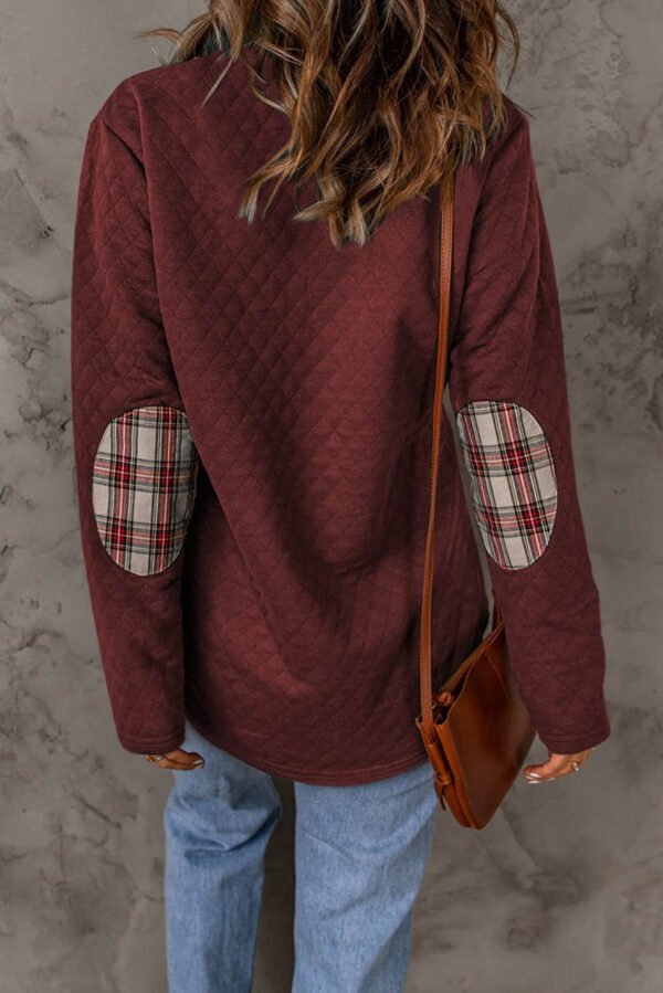 Red Geometric Texture Plaid Trim Sweatshirt