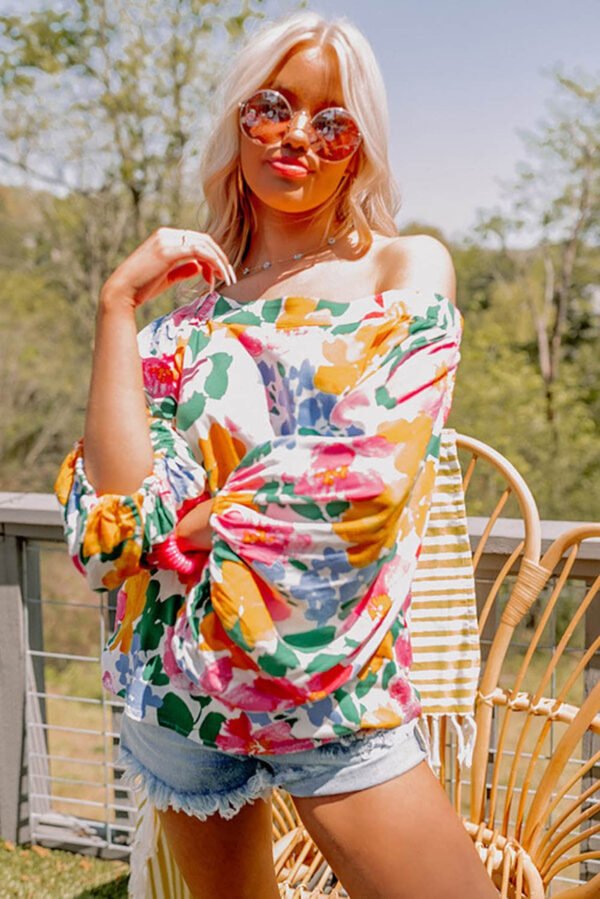 White Water Painting Flowers Sexy Off Shoulder Top