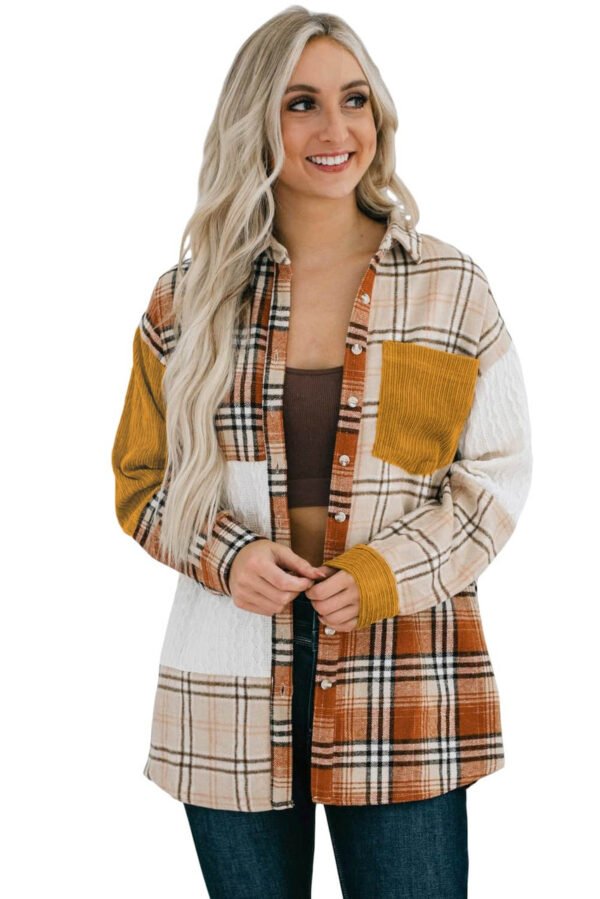 Orange Plaid Color Block Patchwork Shirt Jacket with Pocket