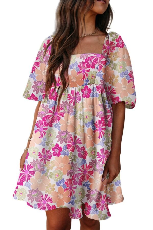 Rose Summer Floral Square Neck Puff Sleeve Babydoll Dress