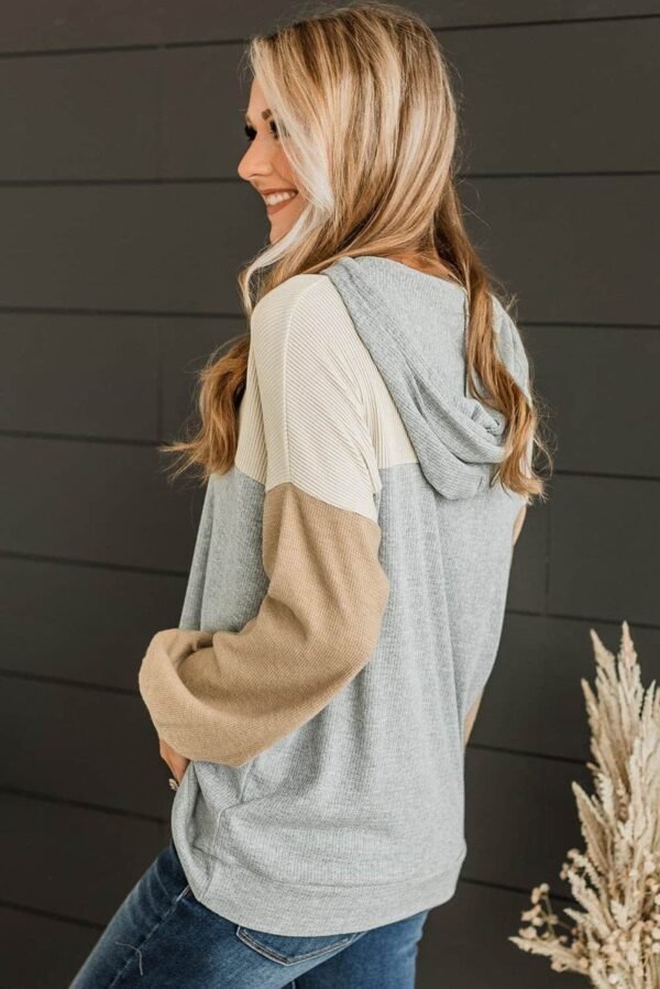 Gray Vintage Ribbed Knit Color Block Hoodie