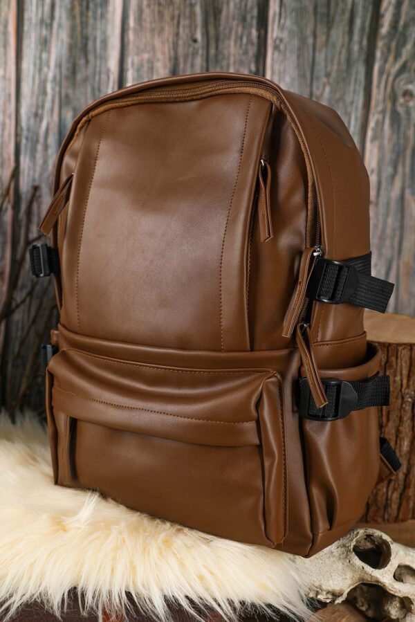 Chestnut Faux Leather Zipped Large Capacity Backpack