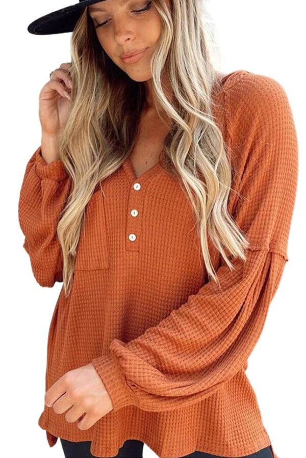 Orange Buttoned V Neck Drop Shoulder Waffle Knit Top