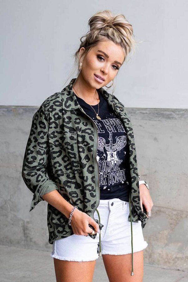 Green Lapel Collar Zipper Drawstring Leopard Coat