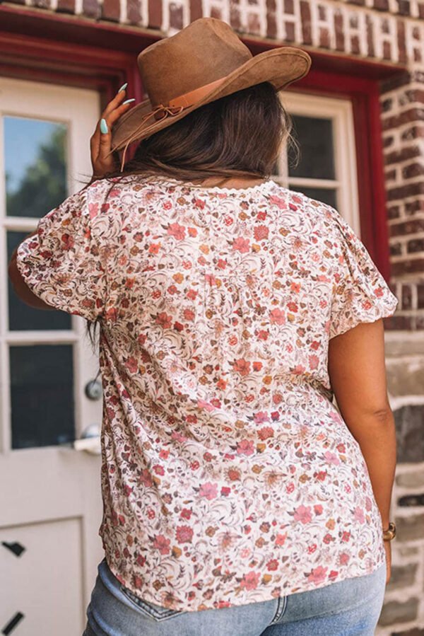 Pink Split Neck Floral Print Plus Size Top