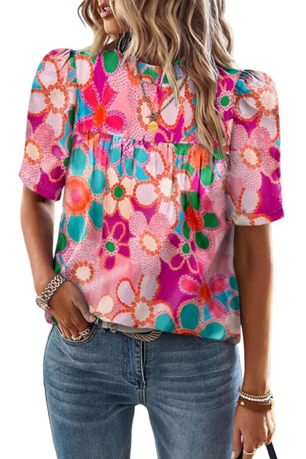 Purple Boho Flower Print Puff Short Sleeve Top