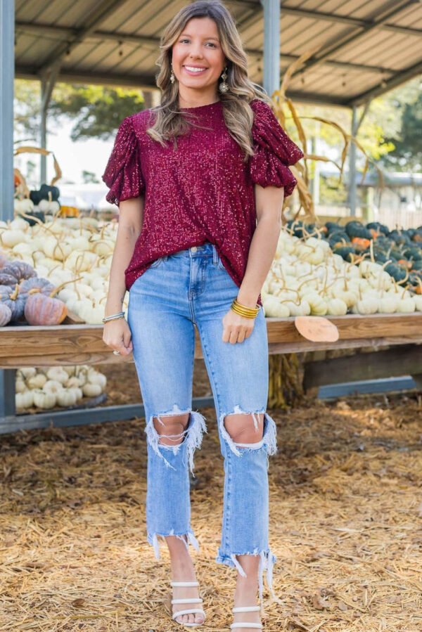 Burgundy Glittering Sequin Short Bubble Sleeve Blouse