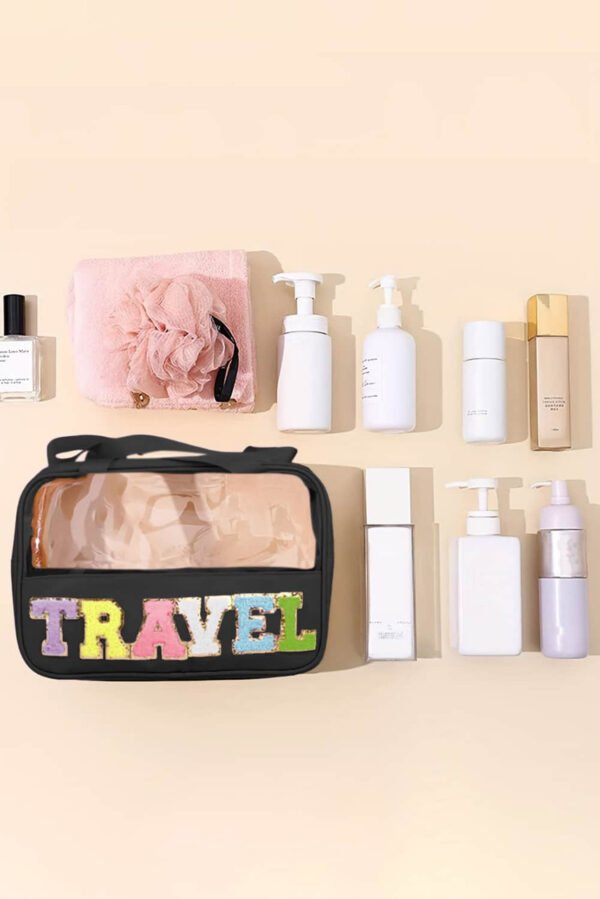 Black TRAVEL Chenille Letter Clear PVC Makeup Bag