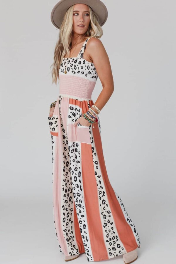 Pink Leopard Color Block Mix Print Pocketed Jumpsuit