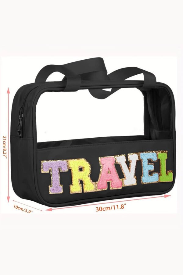 Black TRAVEL Chenille Letter Clear PVC Makeup Bag