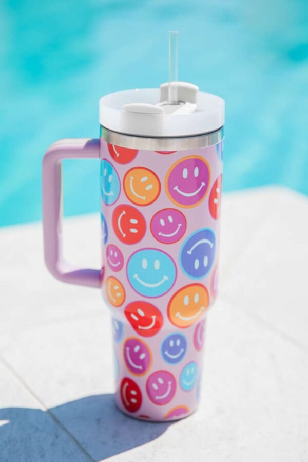 Fiery Red Rainbow Smiley Face Pattern Tumbler with Straw 40oz