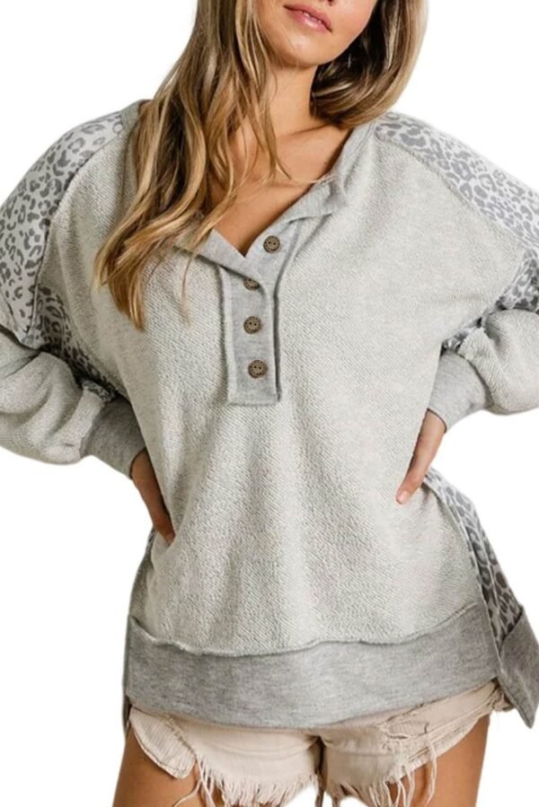 Gray Leopard Patchwork Exposed Seam Buttoned Neck Sweatshirt