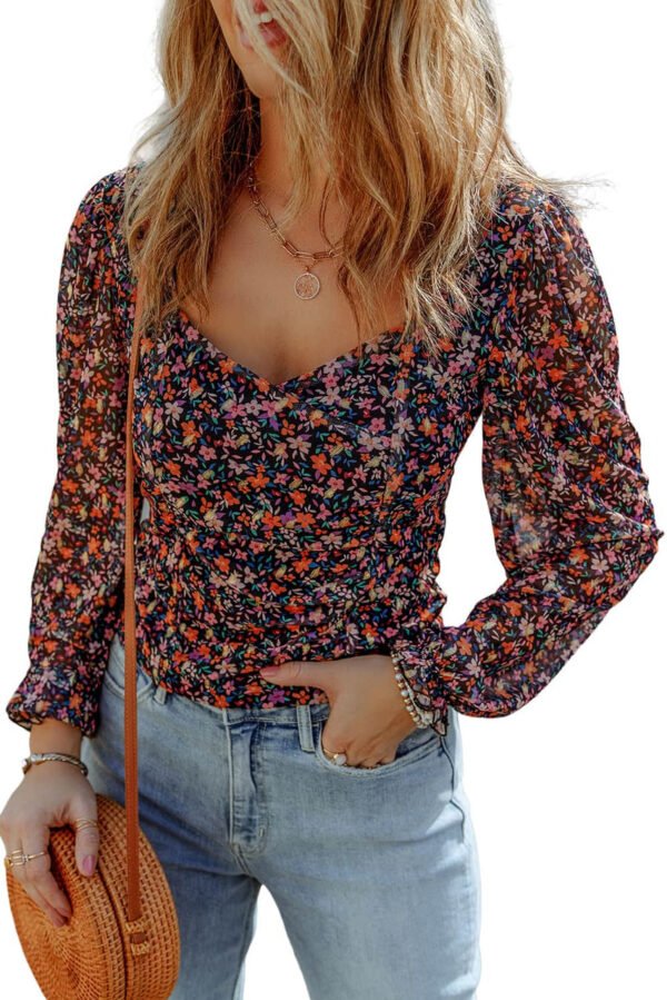 Black V Neck Bubble Sleeve Floral Blouse