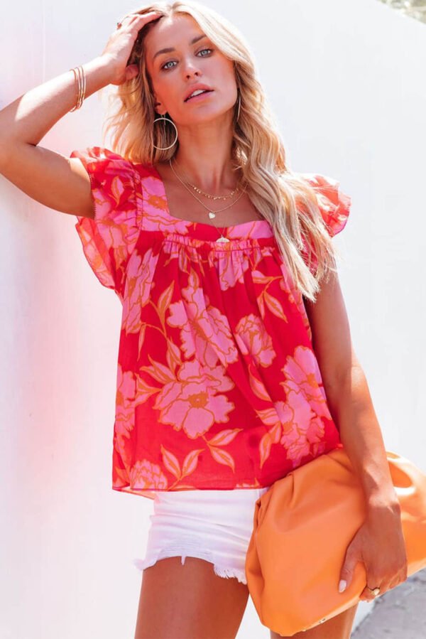 Red Floral Square Neck Ruffle Sleeve Blouse