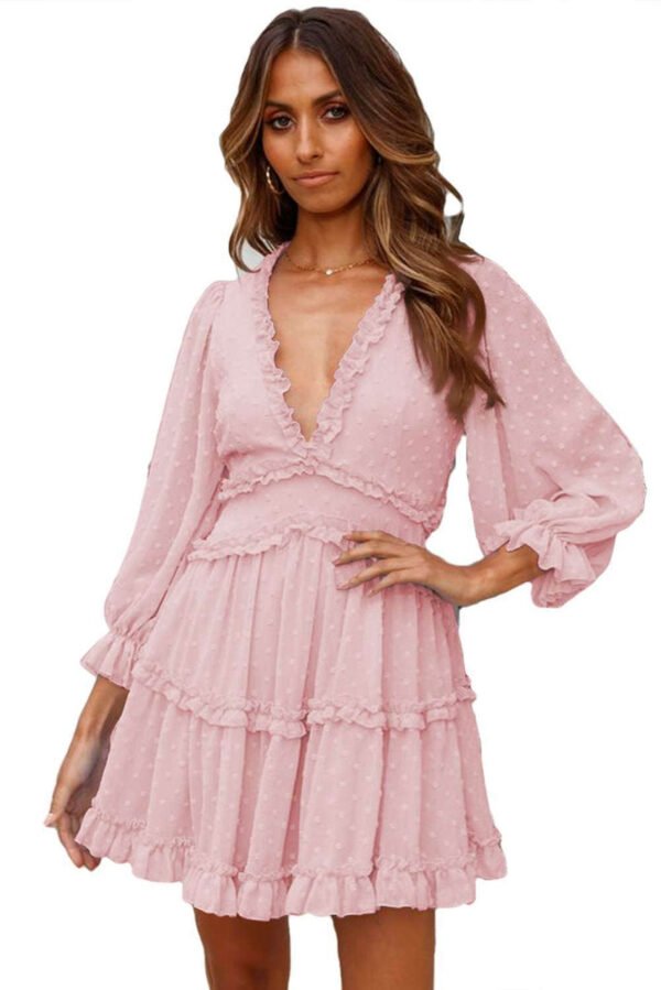 Pink Layered Ruffled Open Back Puff Sleeve Swiss Dot Mini Dress