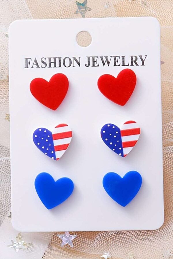 Fiery Red American Flag Print Heart Shape Stud Earrings Set