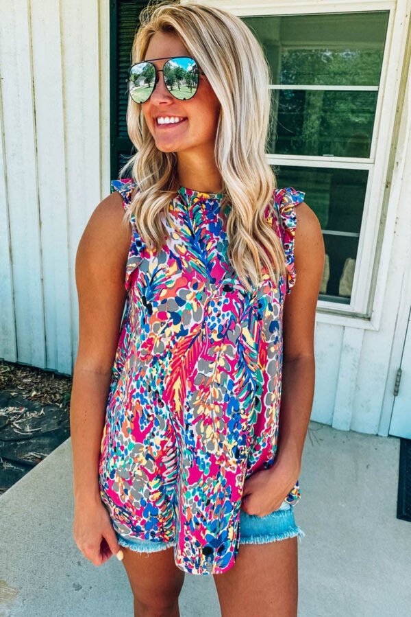 Rose Floral Print Tank Top with Ruffles