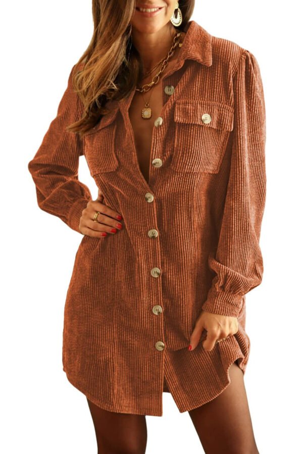 Khaki Corduroy Buttoned Long Sleeve Shirt Dress