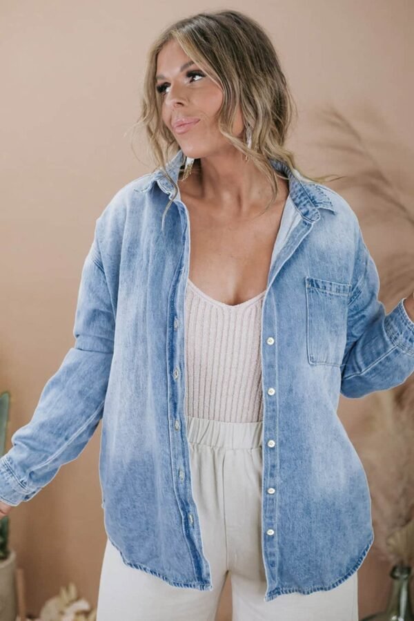 Sky Blue Plus Size Chest Pocket Button-Up Denim Shacket