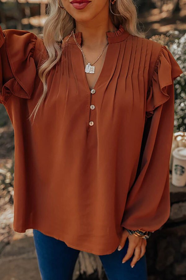 Orange Ruffled Pleated Buttoned V Neck Blouse