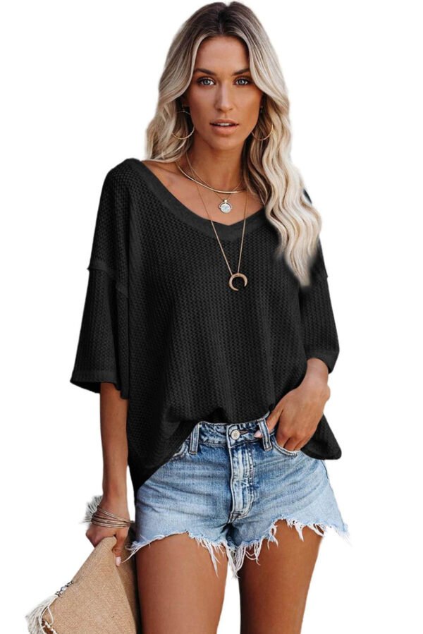 Black White Waffle Knit Drop Shoulder Loose Top