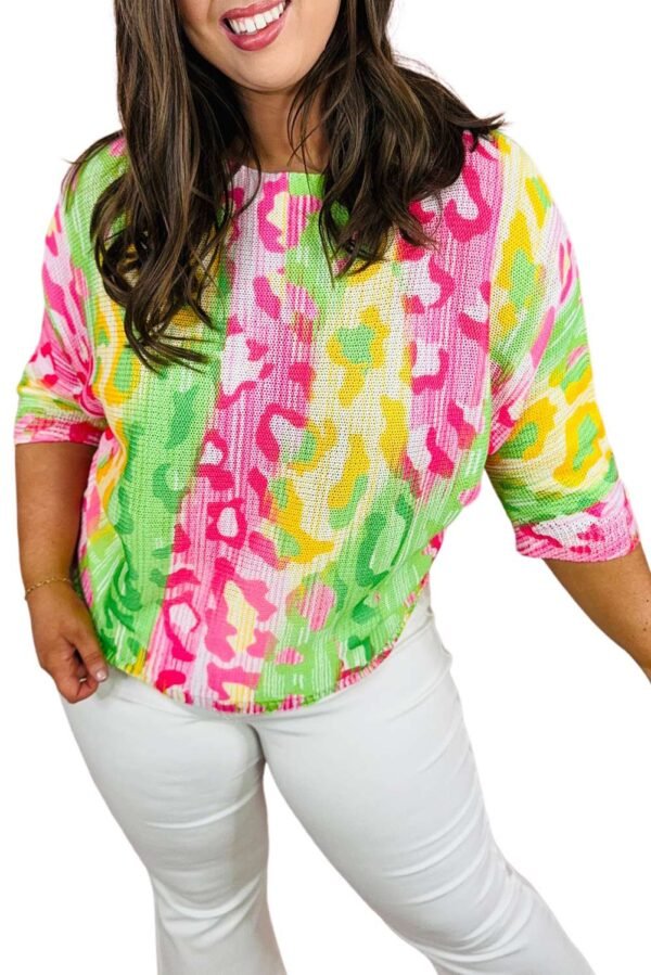 Multicolour Leopard Color Block Knitted Crewneck Plus Size T Shirt