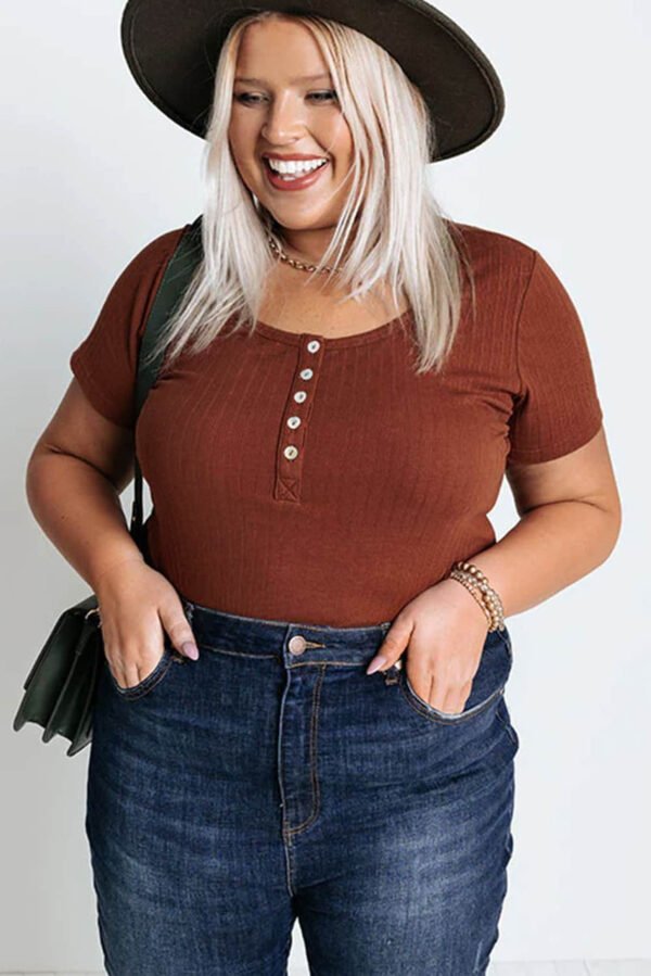 Chestnut Plus Size Ribbed Knit Henley Tee