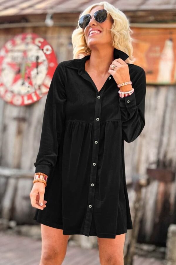 Black Long Sleeve Ruffle Velvet Button Up Dress