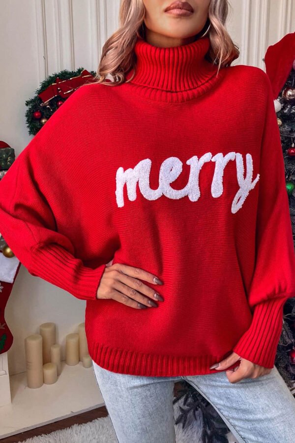 Red Merry Letter Embroidered High Neck Sweater