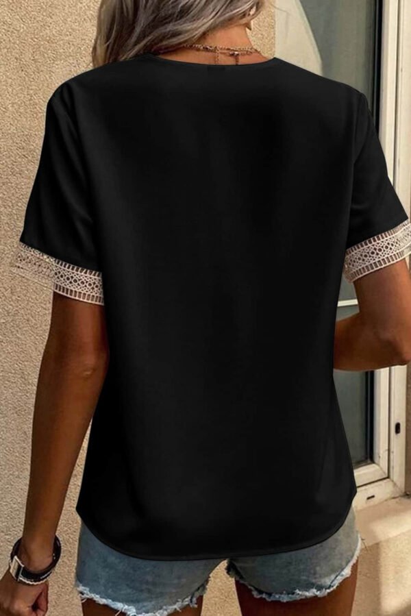 Black Lace Trim V Neck Short Sleeve Blouse