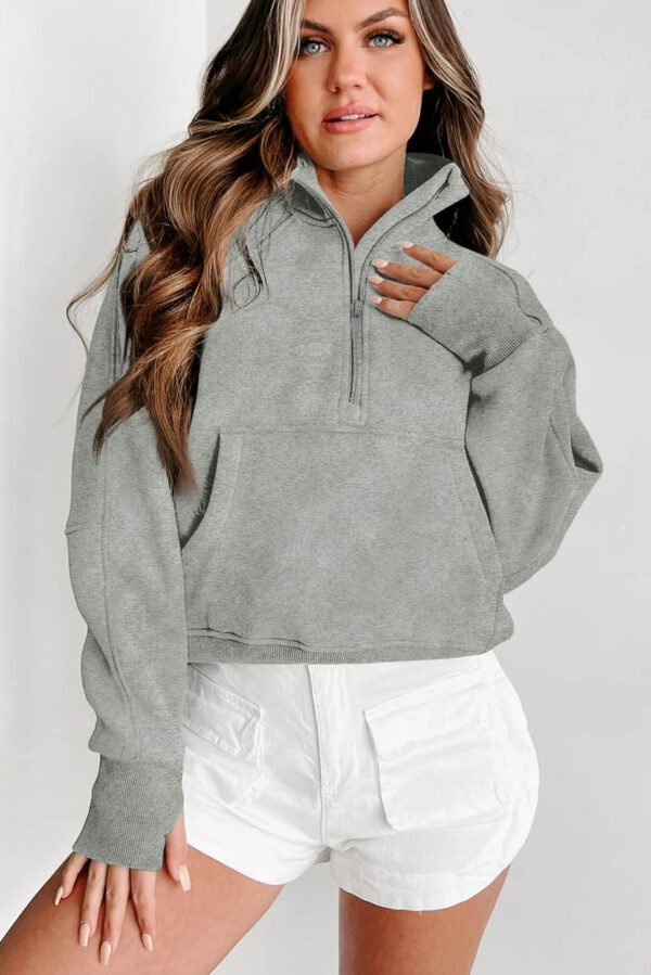 Gray Zip Up Stand Collar Ribbed Thumbhole Sleeve Sweatshirt