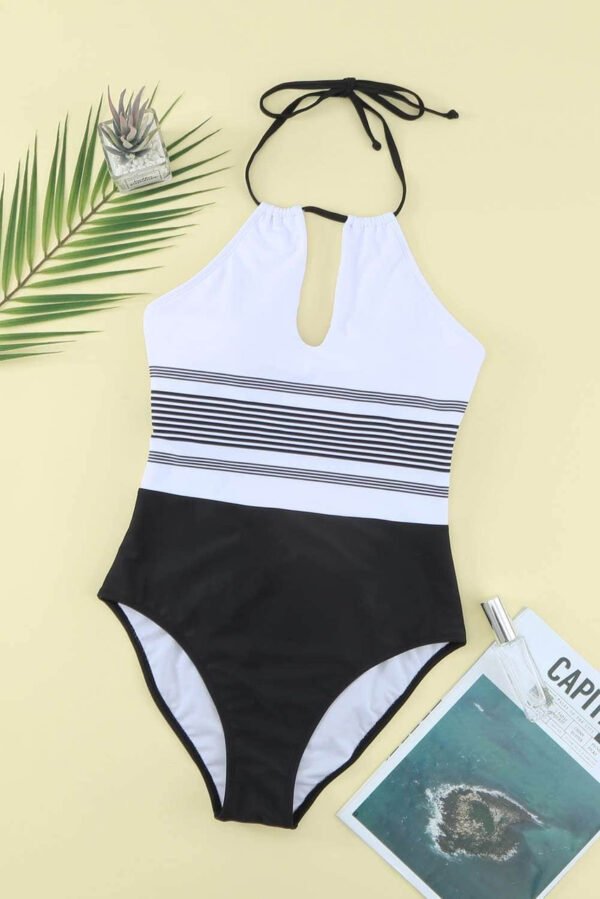 Halter Neck Striped Backless One-piece Swimwear