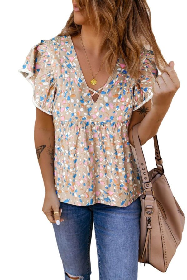 Khaki Crisscross V Neck Ruffle Sleeve Printed Flowy Blouse