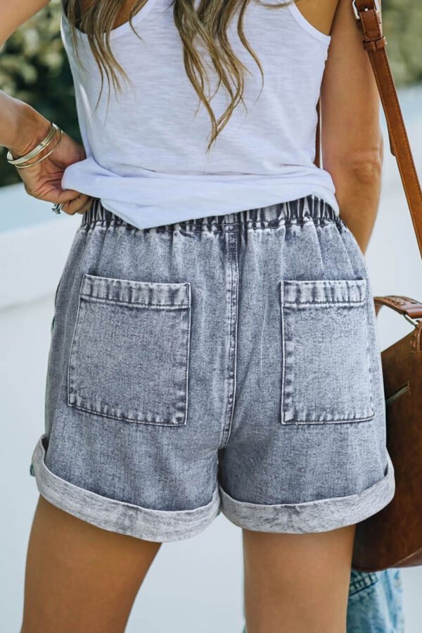 Gray Pocketed Drawstring High Waist Denim Shorts