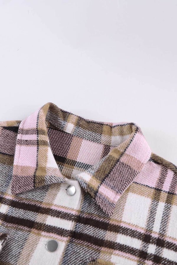 Pink Geometric Plaid Print Pocketed Shirt