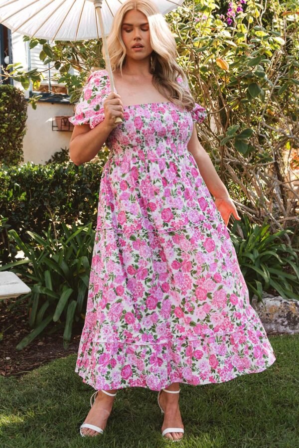 Pink Plus Size Floral Print Smocked Puff Sleeve Dress