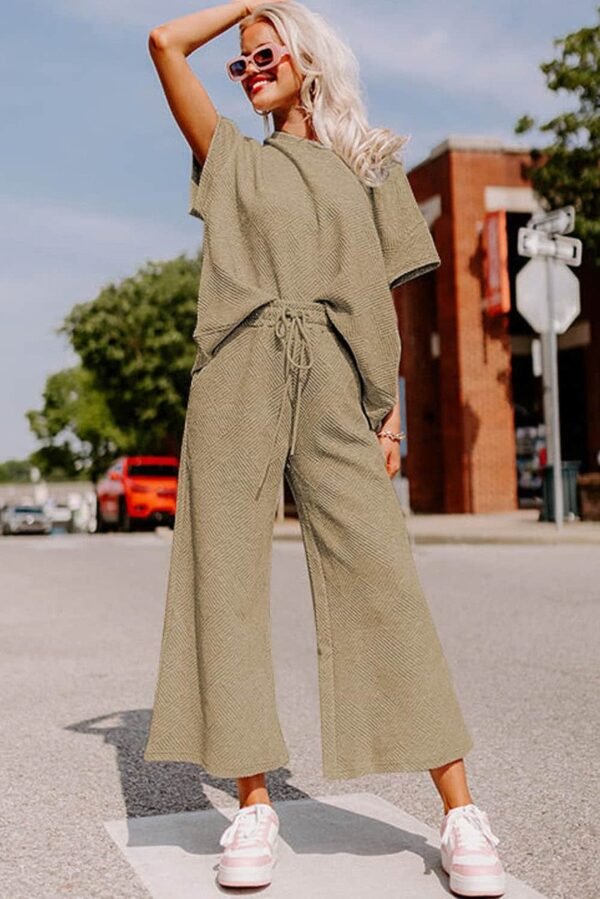 Apricot khaki Textured Loose Fit T Shirt and Drawstring Pants Set