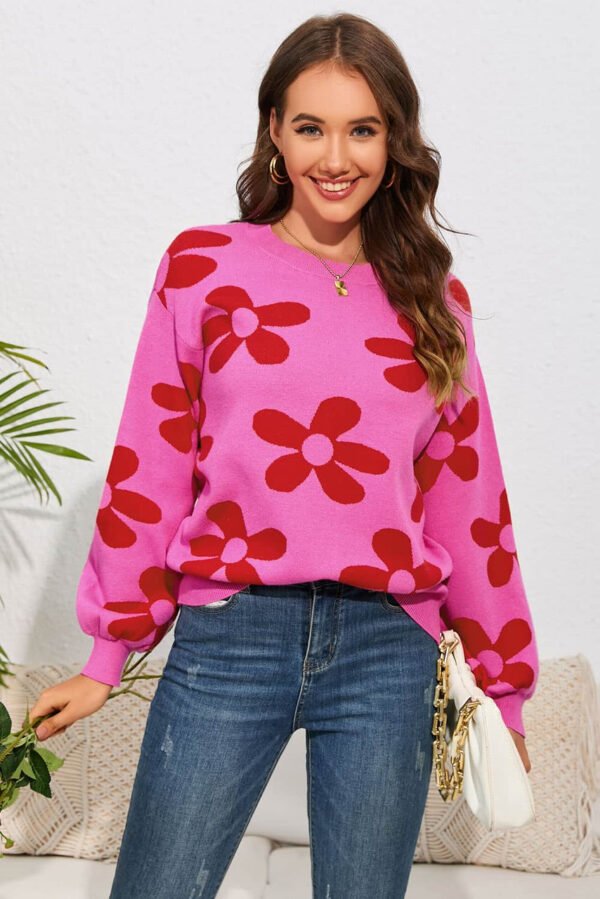 Rose Big Flower Knit Ribbed Trim Sweater