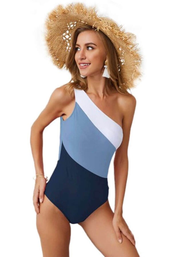 Sky Blue Color Block One Shoulder Backless One-piece Swimwear