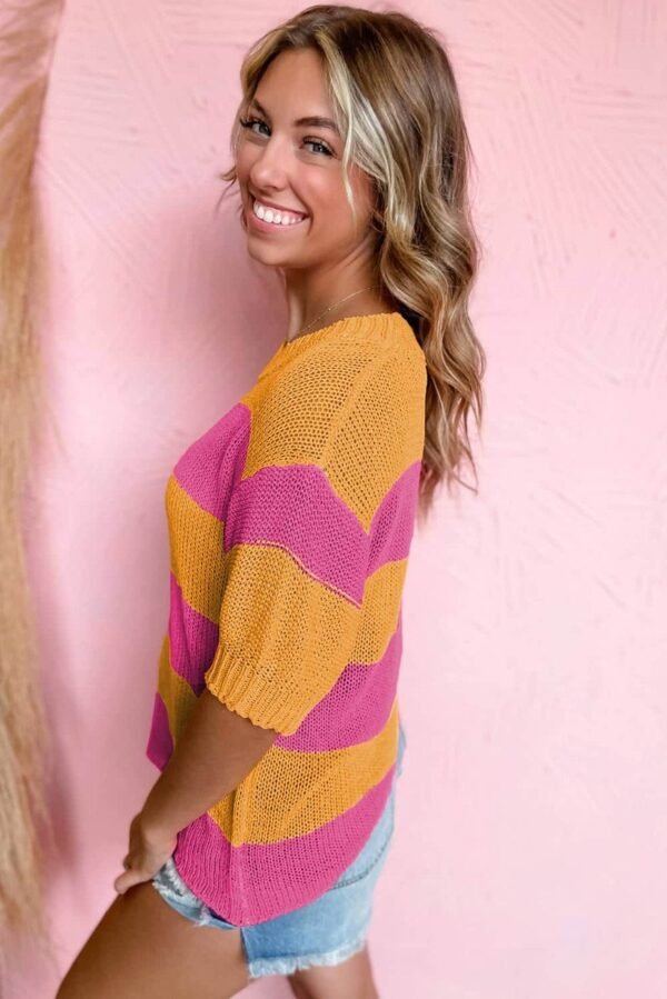 Orange Stripe Color Block Knitted T-shirt Sweater