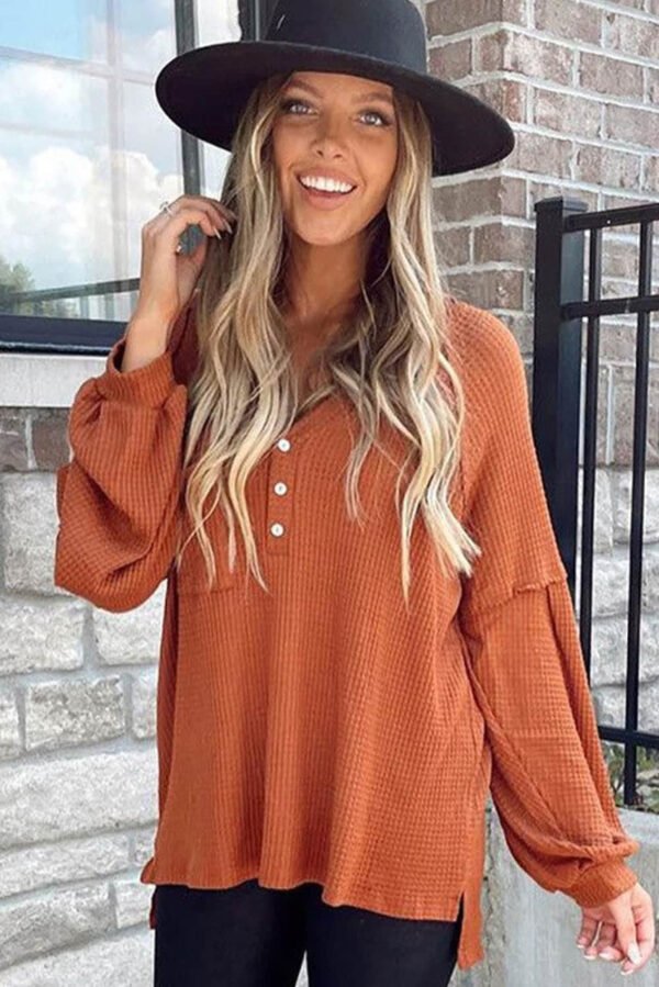 Orange Buttoned V Neck Drop Shoulder Waffle Knit Top