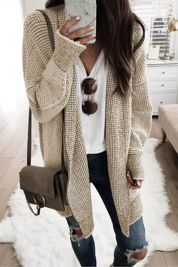 Apricot Plaid Knitted Long Open Front Cardigan