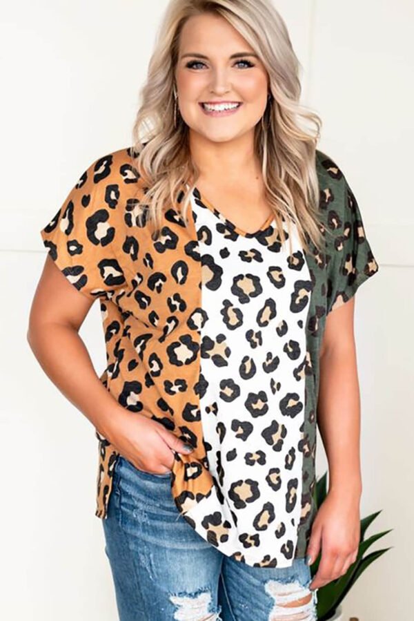 Yellow Plus Size Leopard Print Contrast T-Shirt