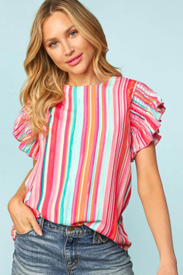 Stripe Abstract Print Stitching Ruffle Sleeve Blouse