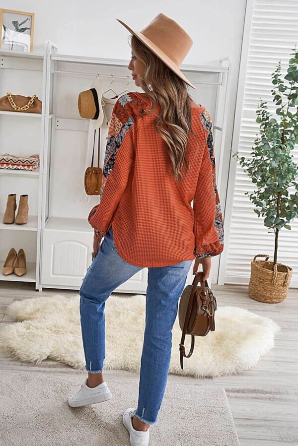 Orange Contrast Eyelet Thermal Knit Top