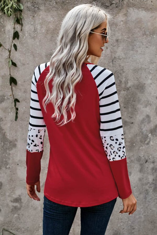 Red Valentines Leopard Heart Print Color Block Long Sleeve Top