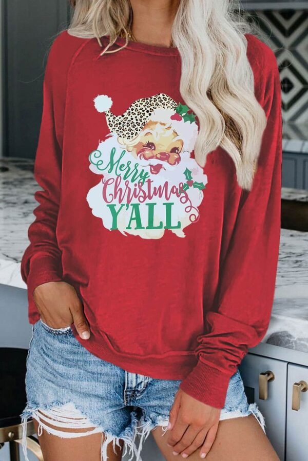 Red Merry Christmas Y’all Santa Claus Print Pullover Sweatshirt