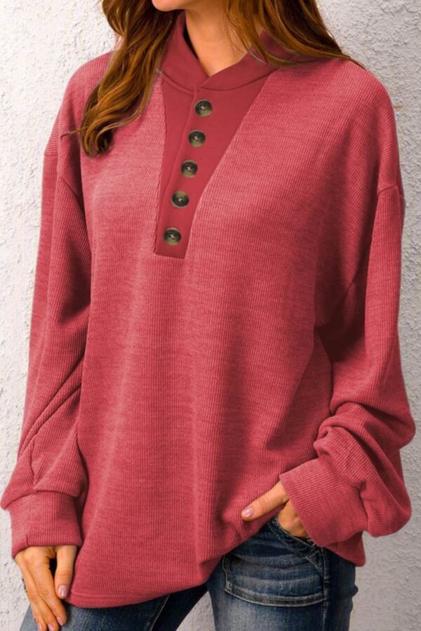 Red Plain Buttoned Henley Sweatshirt