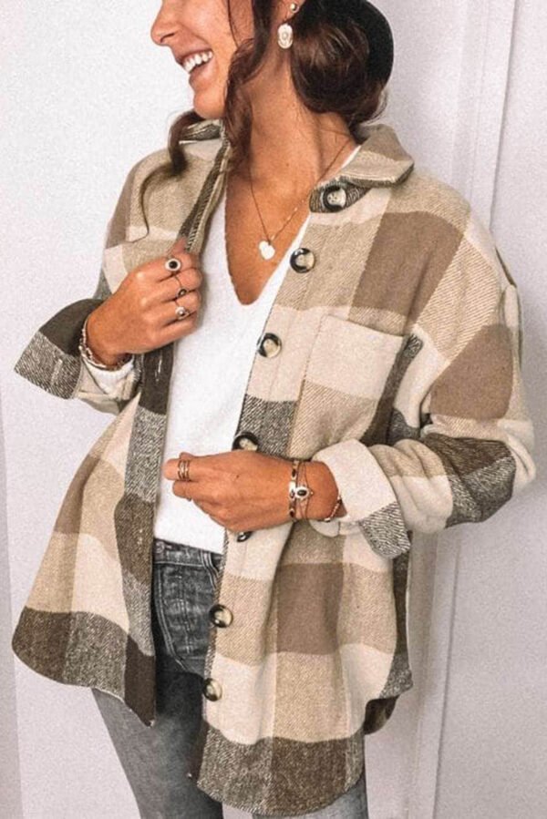 Khaki Plaid Color Block Buttoned Long Sleeve Jacket with Pocket