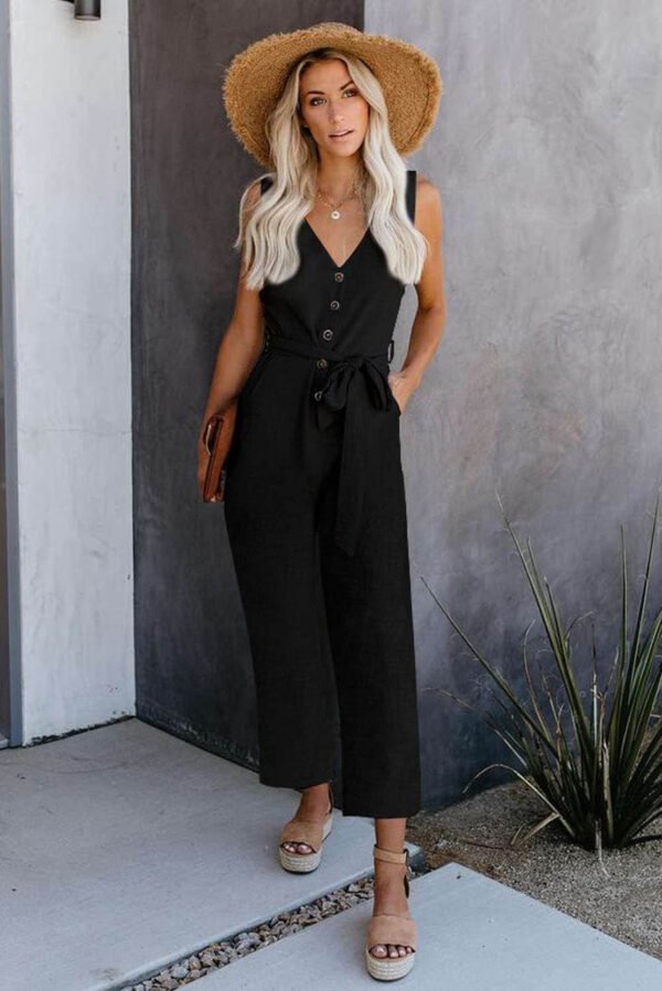 Black V Neck Button Belted Jumpsuit with Pockets